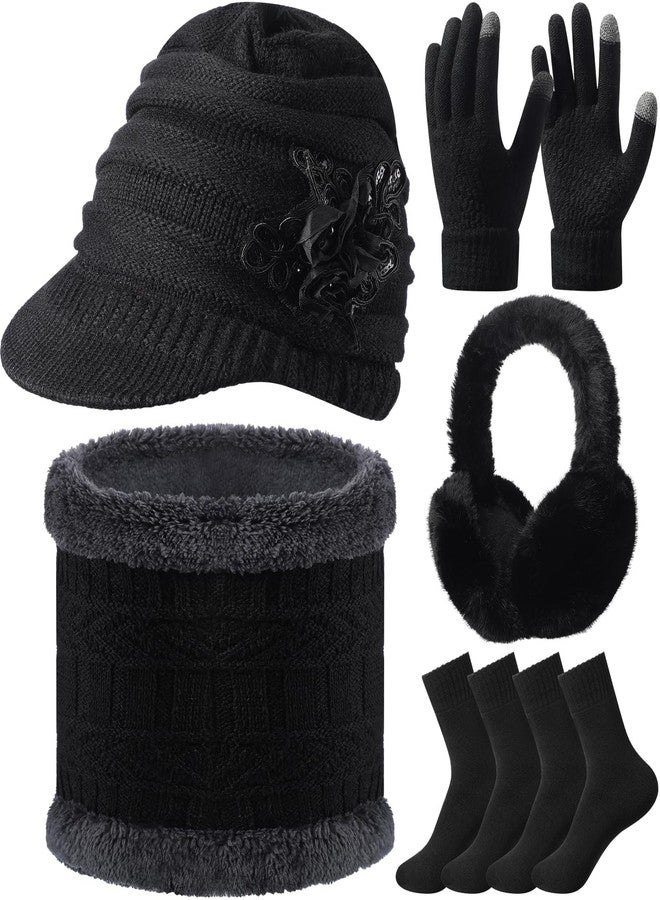 Cuffbow 6 Pieces Winter Hat Scarf Gloves Knit Women Warm Sets Beanie Hat Touchscreen Gloves Ear Muffs Warmer Neck Scarves Socks Sets Gifts for Women Men - Image 1